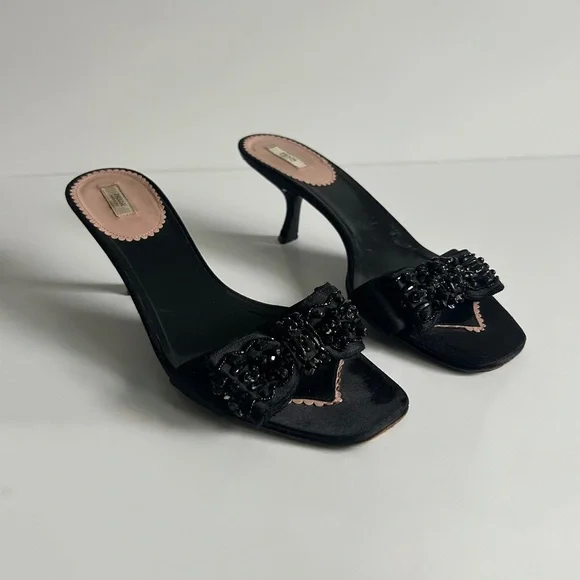 Vintage Prada Black Beaded Bow Slide Mule Kitten Heels Size EU 39.5 - Picture 8 of 11